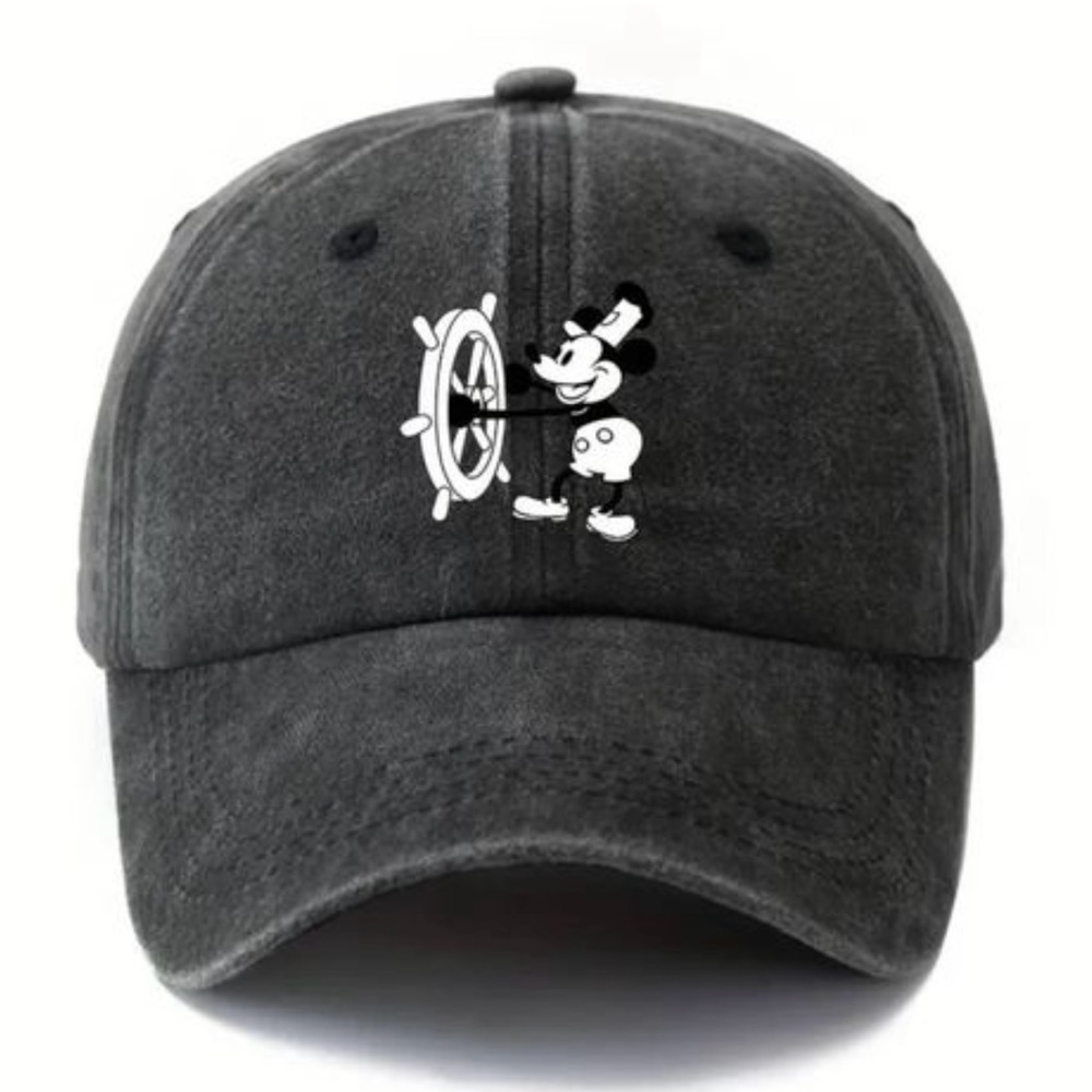 Black KID’s Steamboat Willie Mickey Adjustable Distressed Baseball Cap Ages 6-13